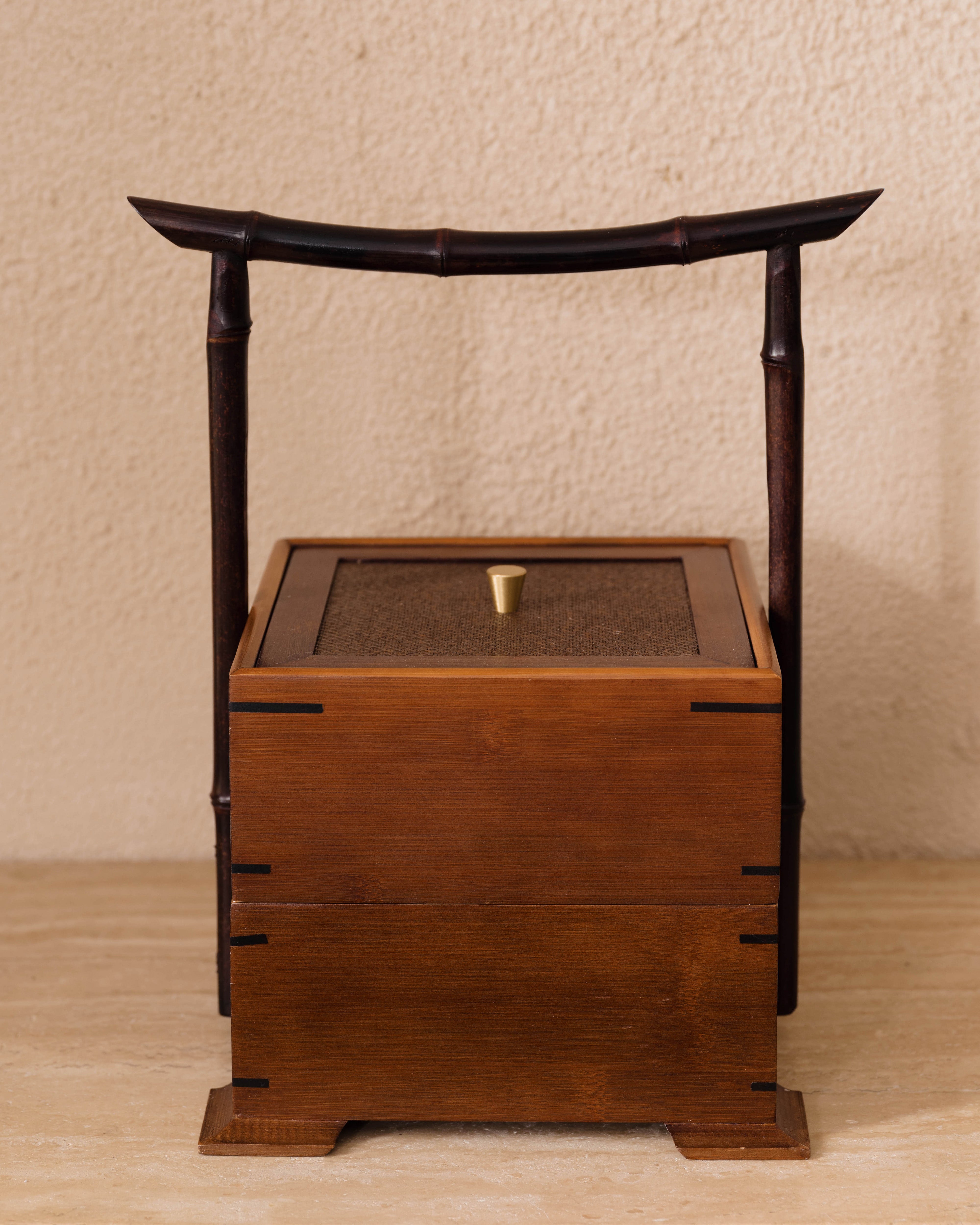 Double-Layer Wood Box with Weaved Rattan and Bamboo Handle
