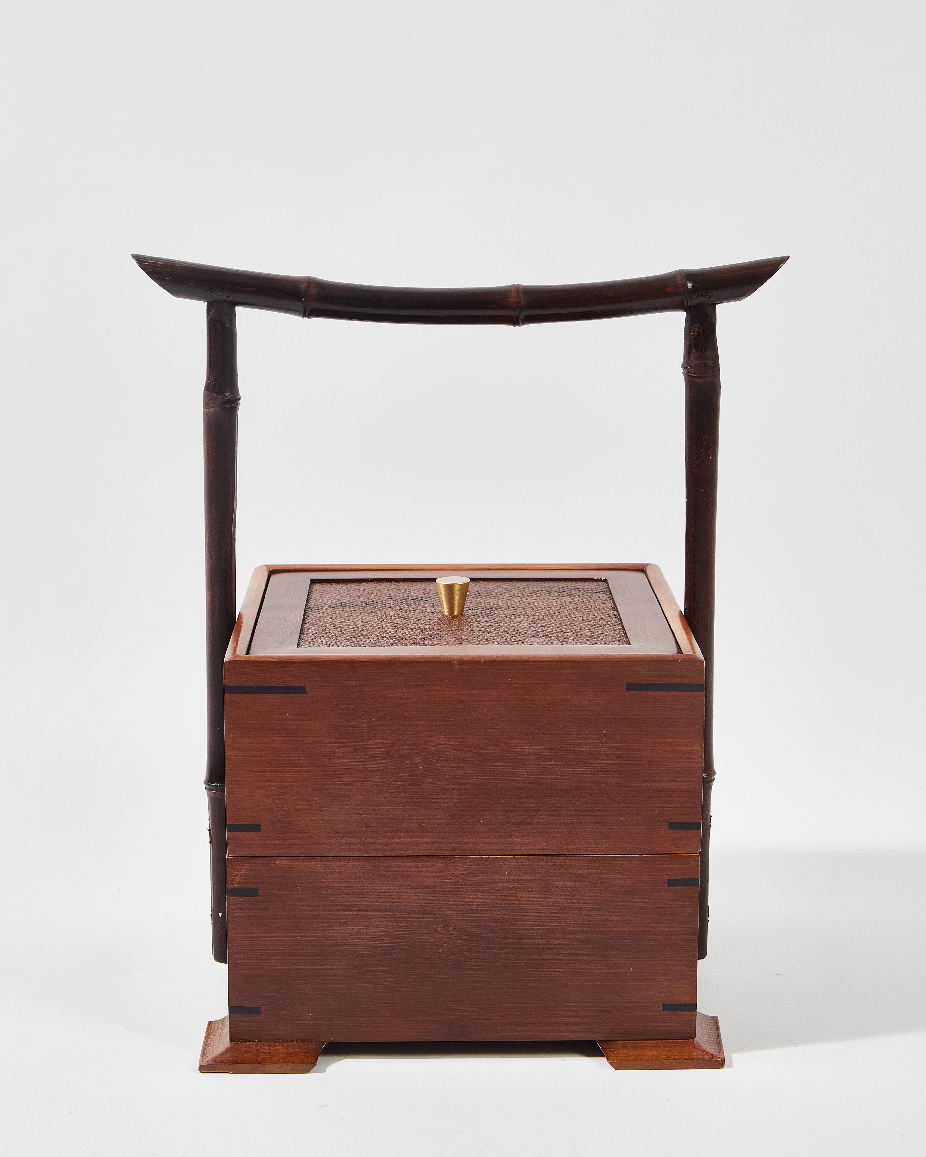 Double-Layer Wood Box with Weaved Rattan and Bamboo Handle