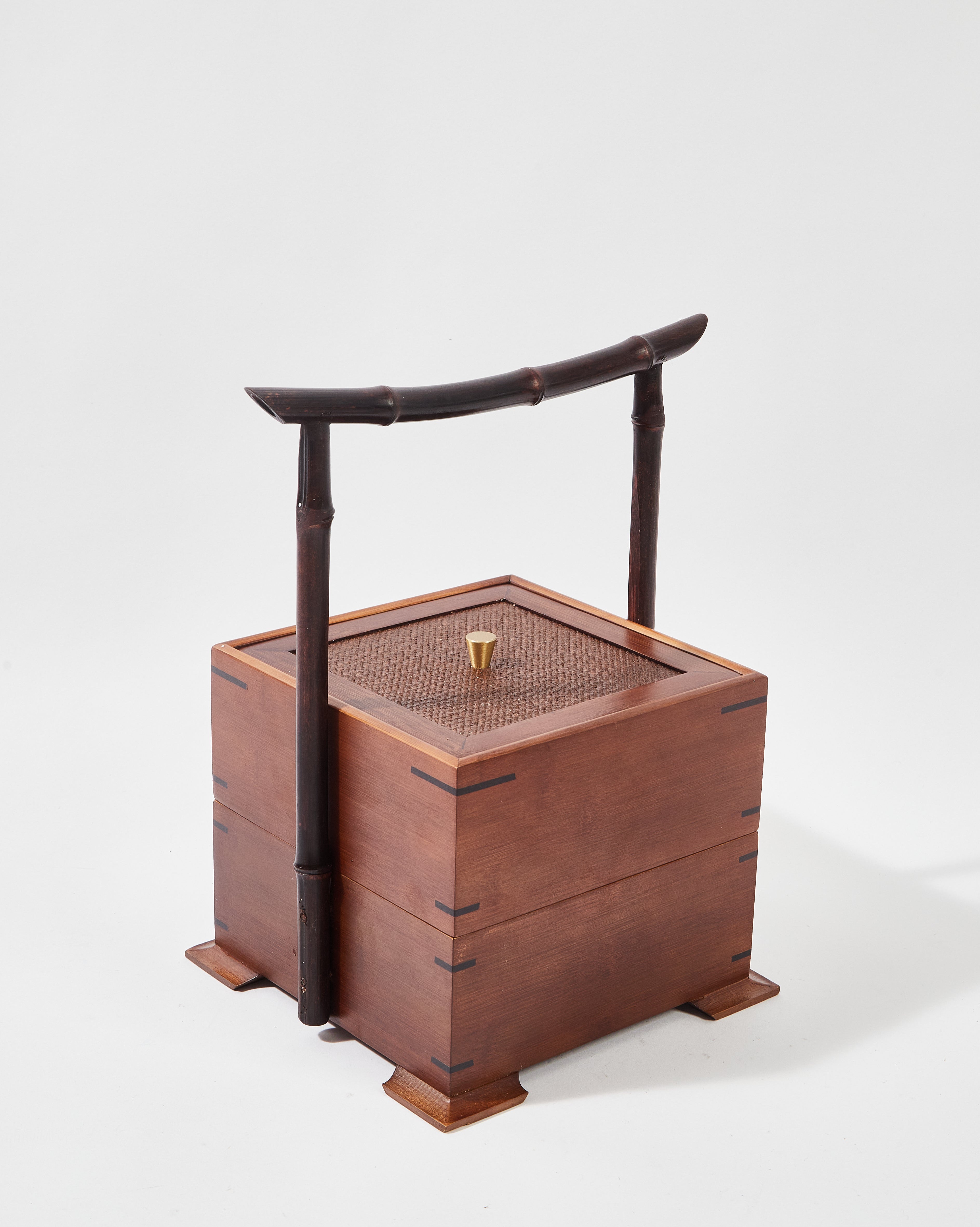 Double-Layer Wood Box with Weaved Rattan and Bamboo Handle