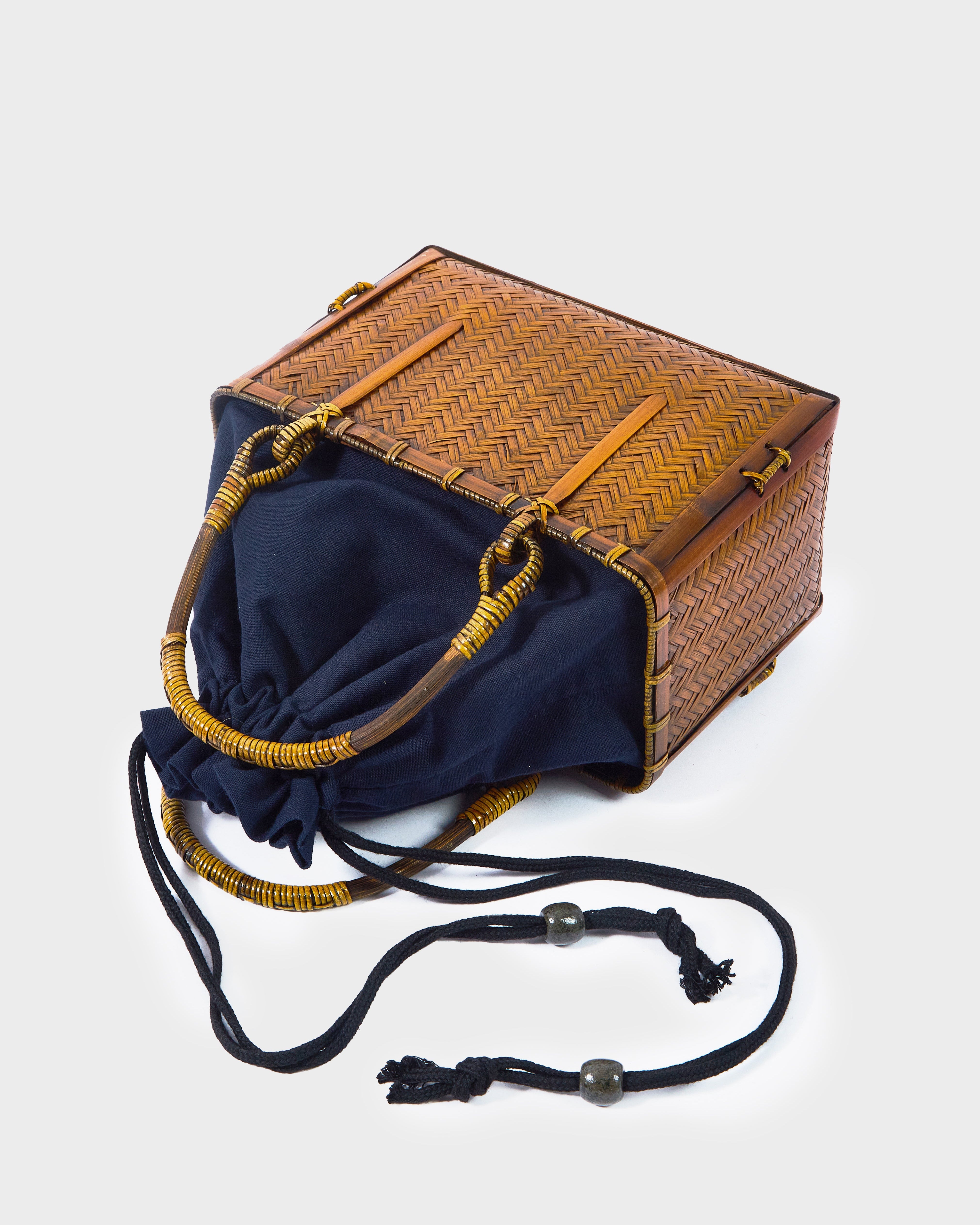 Small Woven Wicker Bamboo Bag with Cotton-Linen Pouch