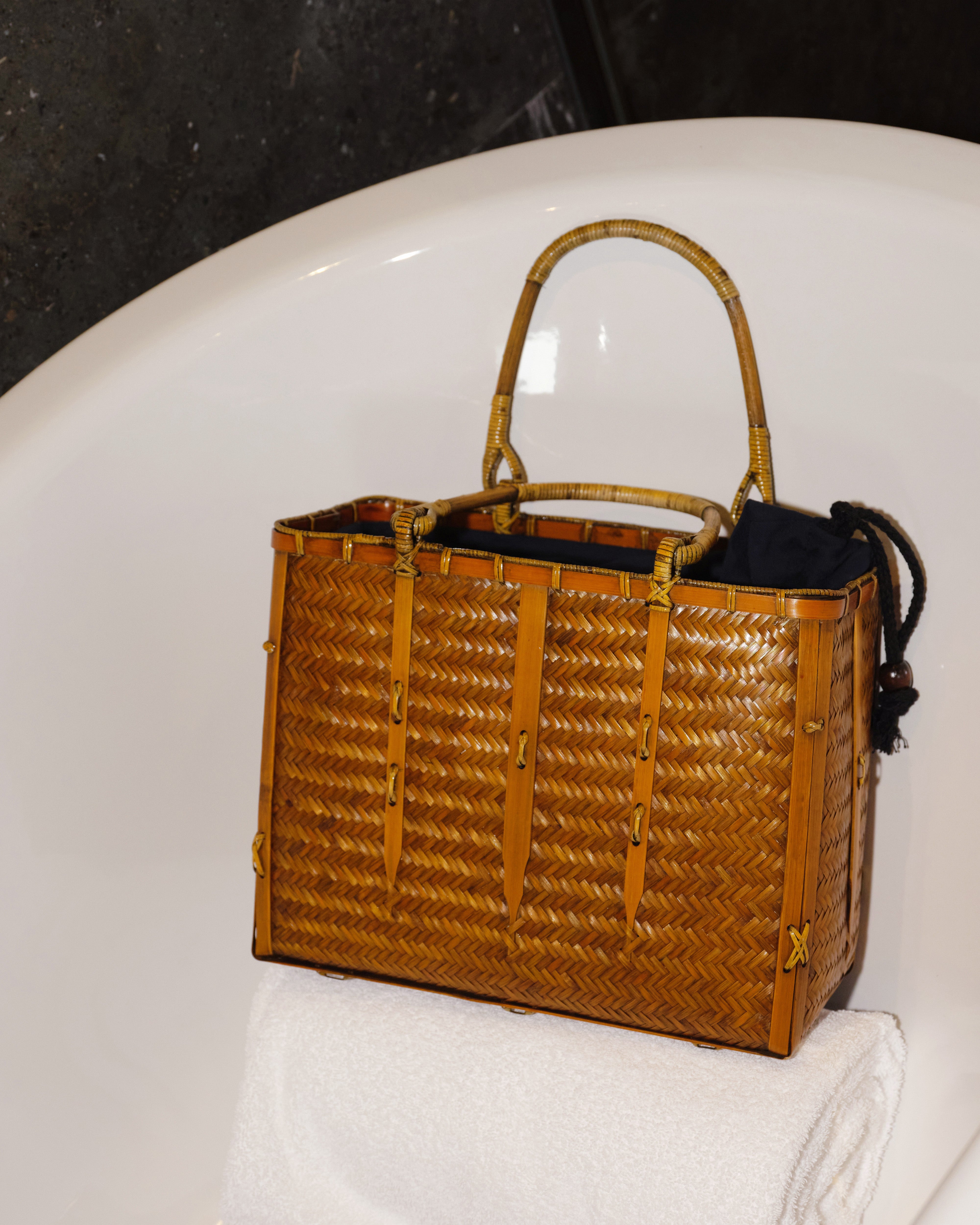 Large Woven Wicker Bamboo Bag with Cotton-Linen Pouch