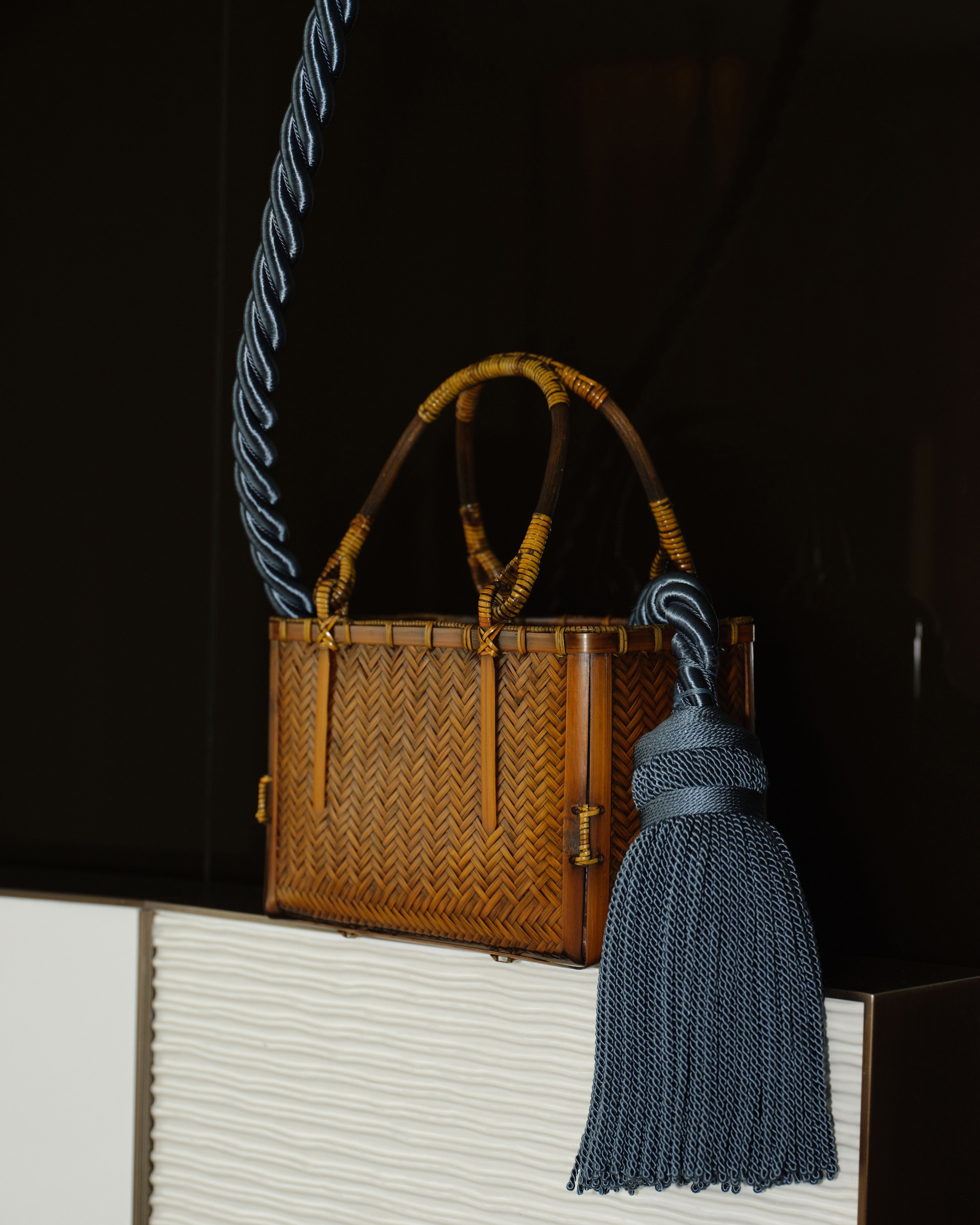 Small Woven Wicker Bamboo Bag with Cotton-Linen Pouch