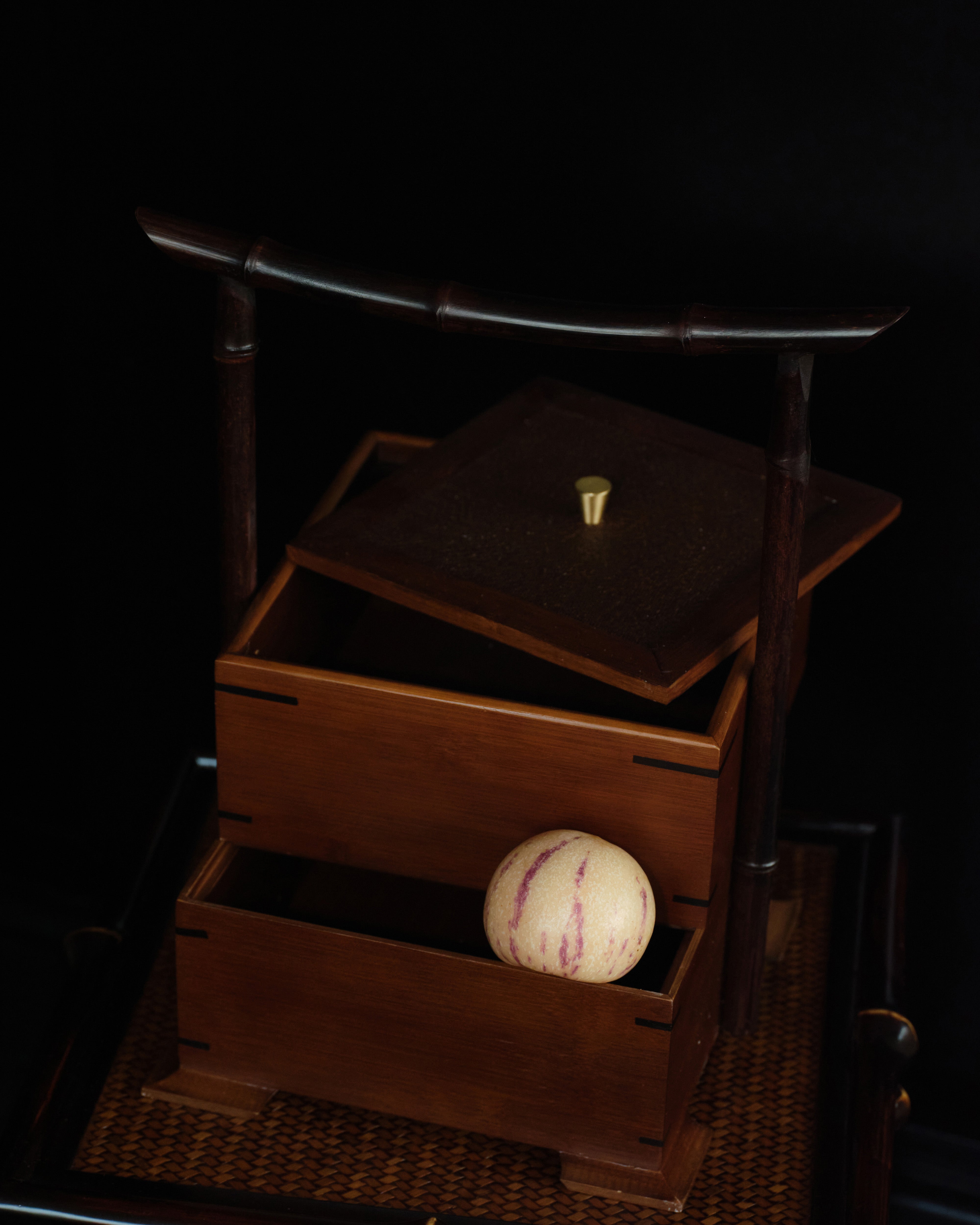 Double-Layer Wood Box with Weaved Rattan and Bamboo Handle